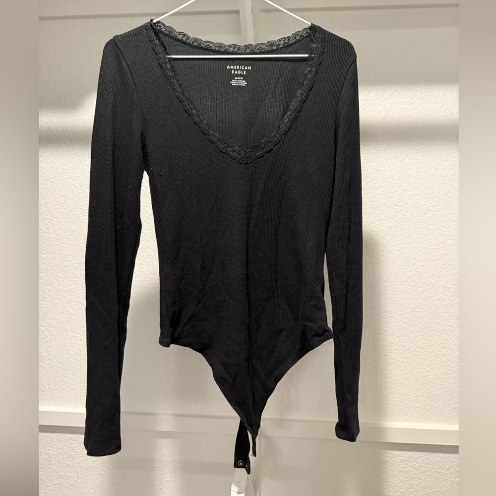 American Eagle Black Long Sleeve Lace Bodysuit Size M